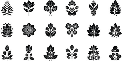 Black and white floral silhouettes on white background flowers leaves © Graphic Shops