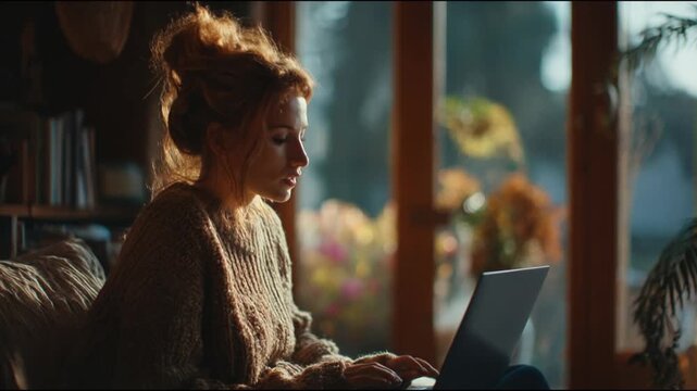 A person sits on a couch and works on a laptop. Sunlight shines through large windows, creating a warm atmosphere. Plants and flowers are visible outside.
