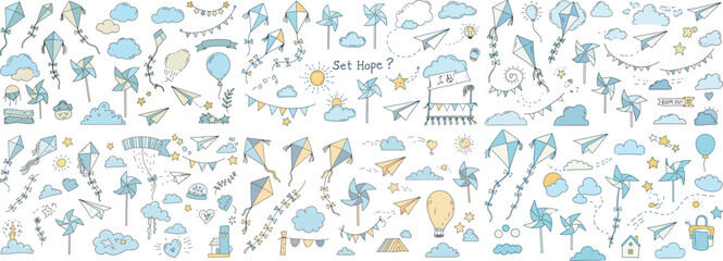 Obraz premium A whimsical collection of hand-drawn kites, clouds, and balloons in soft blue and yellow tones, perfect for children's themes.