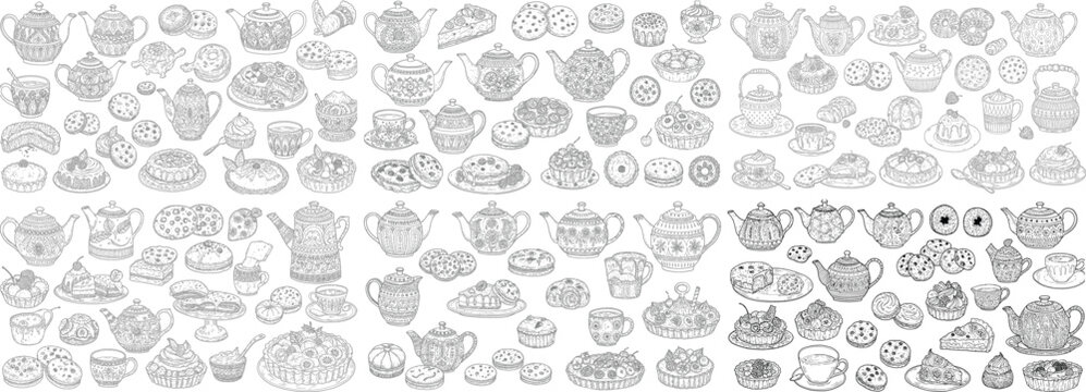 A whimsical collection of beautifully illustrated teapots and sweet treats, perfect for any dessert lover.