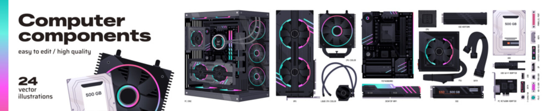 Computer components set. Different parts of system unit: processor, drives, motherboard and cards of memory. Equipment and hardware of PC. Flat isolated vector illustrations on white background