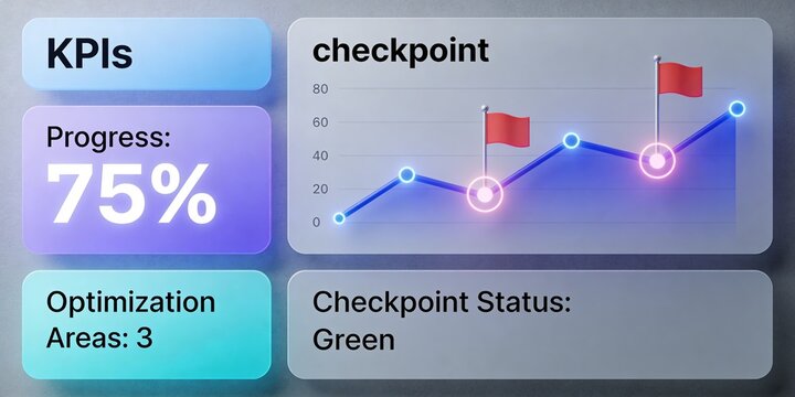 Minimal KPI dashboard checkpoint with progress chart optimization cards and status panel for business analytics presentation