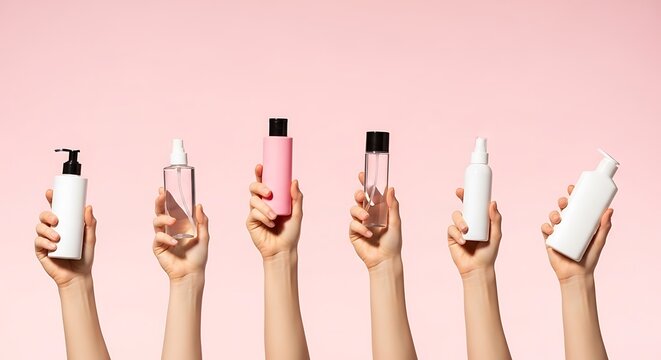 Hands holding up an assortment of skincare and beauty product bottles against a pink background