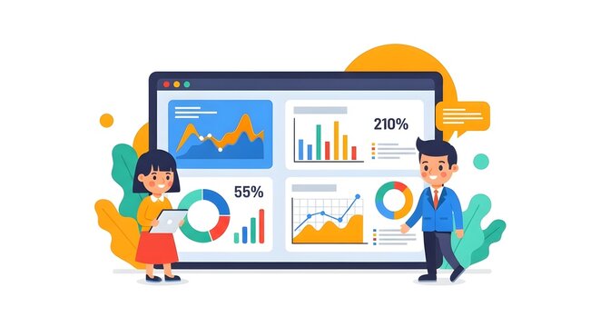 Business analytics dashboard with cartoon characters for data visualization.