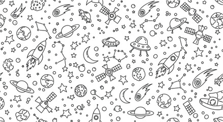 Space Doodle Seamless Pattern with Rockets, Planets, UFO, Stars, Satellites, and Constellations in Cute Line Art Style for Kids and Science Designs © Ruma