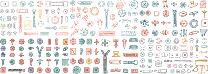 Obraz premium An array of colorful hand-drawn tools and fasteners in various shapes, showcasing creativity and craftsmanship.