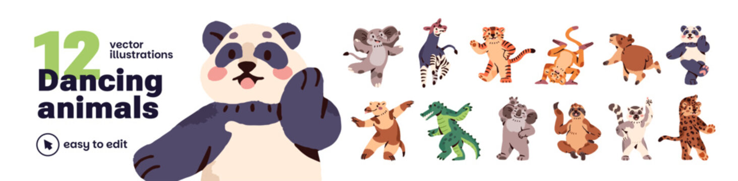 Cute animals are dancing for joy set. Happy anthropomorphic panda, elephant, crocodile, sloth have fun with music. Funny characters celebrate success. Flat isolated vector illustrations on white