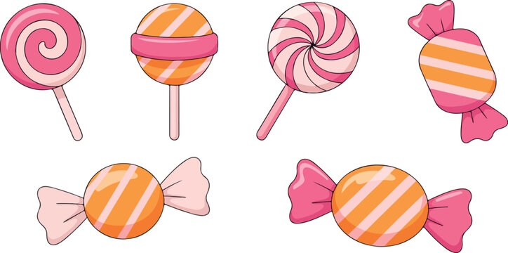 Colorful lollipop and wrapped candy collection sweet sugar confectionery treats vector illustration set isolated on white