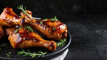 Fototapeta premium Grilled BBQ Chicken Drumsticks glazed with sauce and garnish with herbs on a dark background