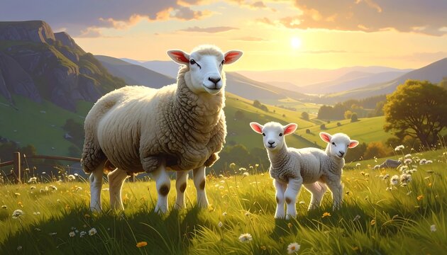 A serene meadow scene at sunset featuring an adult sheep with two adorable lambs. Green rolling hills stretch in background