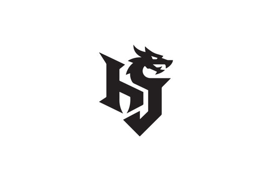 Creative hj logo design featuring a powerful black dragon head symbol