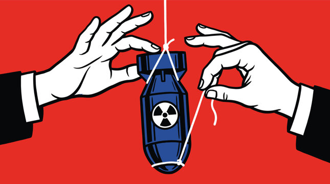 Hands defusing a nuclear bomb vector illustration, flat design style