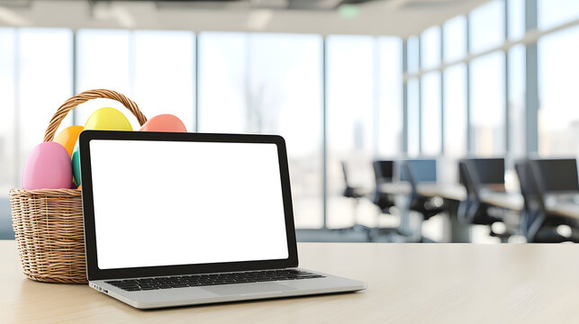 A laptop with a white screen mockup sits on a table next to a wicker basket of Easter eggs in an office workspace