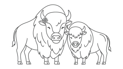 Fototapeta premium Gentle Giants: Adorable illustration featuring two bison, their peaceful gazes and gentle presence bring a sense of harmony. 