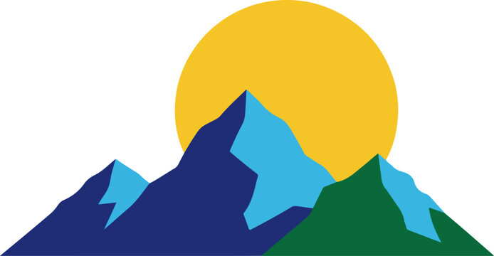 Minimalist vector illustration of a vibrant yellow sun rising or setting behind a range of stylized blue and green mountains, ideal for nature, outdoor, or travel-themed designs and logos.