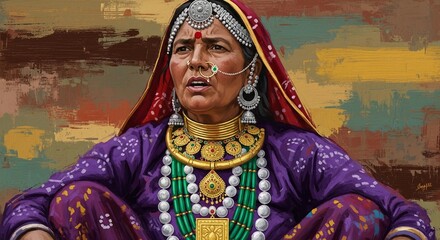 Obraz premium A vibrant digital painting beautifully captures an elder Indian woman, richly adorned in traditional, intricate jewelry, featuring a striking nose ring, large jhumkas, a golden choker, and multiple la