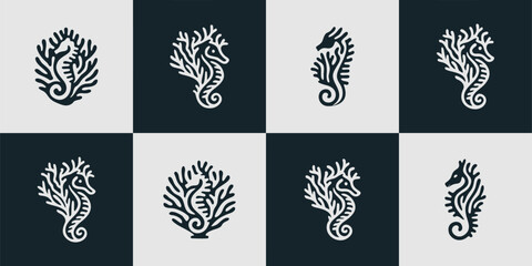 Icon Set Vector of 8 Seahorse and Ocean Coral Logo Symbols © Ghaghah24