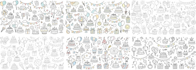 Obraz premium Colorful celebration doodles featuring cakes, balloons, and gifts, perfect for party-themed designs.