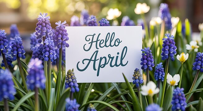 Hello April sign amidst blooming purple grape hyacinths and white flowers in soft spring sunlight, floral springtime celebration and nature