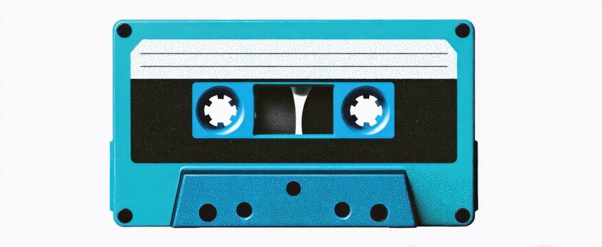 Art collage of vintage cassette tape with blue sticker on white background.