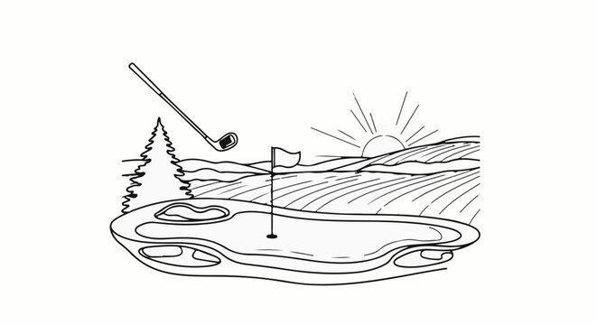 Black and white illustration of a golf course with a flag, club, tree, and sun