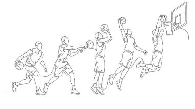 Minimalist line art illustration depicting the sequence of a basketball player performing a slam dunk, from dribbling to the final shot