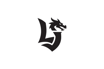 Fototapeta premium Dragon head emblem incorporated into a stylized letter l logo design