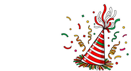 Fototapeta premium A colorful party hat isolated on transparent background with confetti and ribbons
