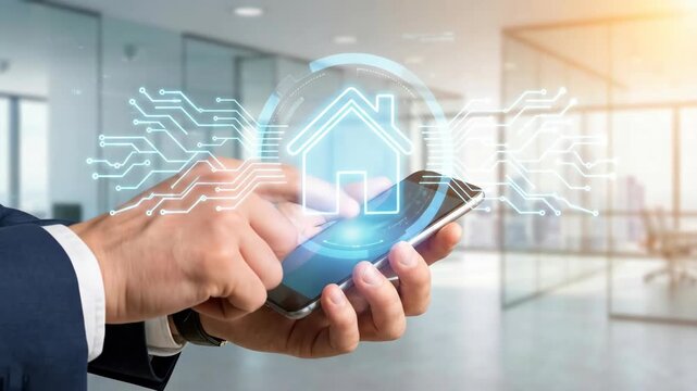 Businessman holding smartphone with digital smart home interface. Modern technology for residential property control. Concept of house automation, mobile app development and internet of things.