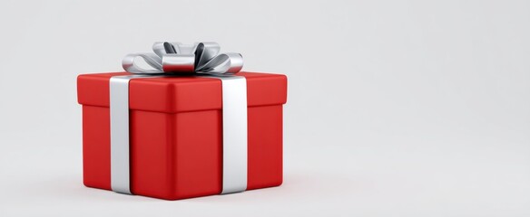 Obraz premium Elegant present in a red box adorned with a silver ribbon on a white surface.