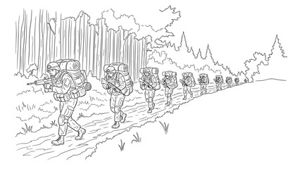 Naklejka premium Linear drawing of soldiers marching in forest with backpacks