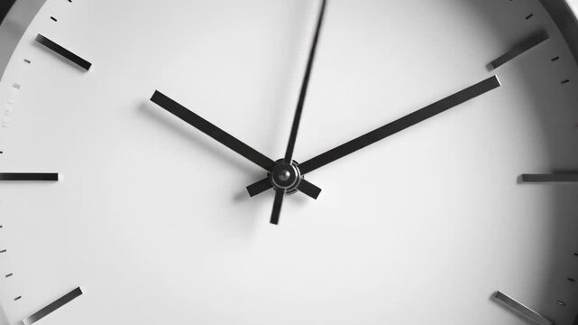 Modern wall clock with sleek silver frame shows continuous movement of black hands against a white background, emphasizing the passage of time in a minimalist design