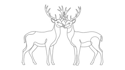 Fototapeta premium Deer Silhouette Embracing: A minimalist sketch depicts two elegant deer embracing, their antlers intertwining in a moment of tender connection. 