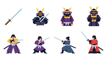 Fototapeta premium Flat style samurai characters and sword icon collection with traditional armor and weapons