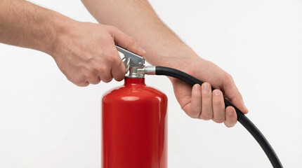 Naklejka premium Man operating fire extinguisher with nozzle on white background 
