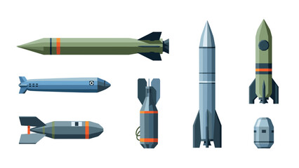 Fototapeta premium Set of flat military missiles and bombs in various shapes and sizes