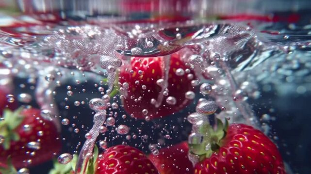 Close-up of fresh red strawberries splashing into clear water, creating a dynamic display of bubbles and ripples on a dark background