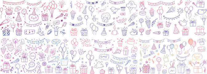 Obraz premium Colorful hand-drawn doodles of celebrations with balloons, gifts, and festive elements create a cheerful atmosphere.