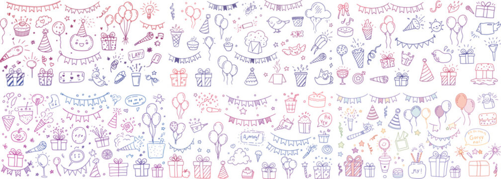 Colorful hand-drawn doodles of celebrations with balloons, gifts, and festive elements create a cheerful atmosphere.
