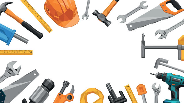 Construction tools border with hammer, hardhat, and wrench on white background