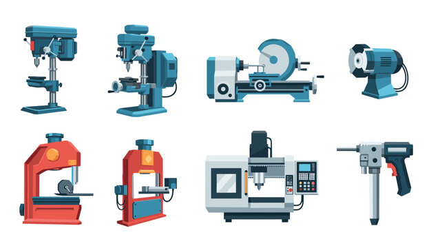 Industrial machinery icons: flat designs of drills, lathes, presses, and cnc machines