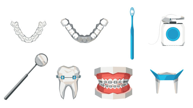 Dental care tools and orthodontic elements in flat design