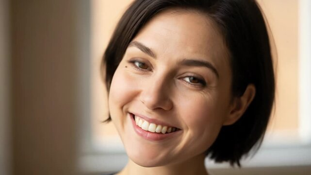 Woman puffing cheeks and smiling with surprise to happy expression, close up