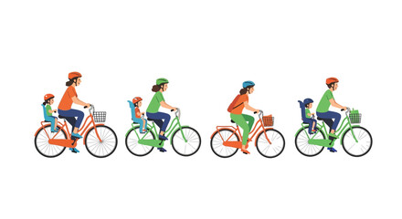 Fototapeta premium Collection of stylized diverse families including mothers and fathers riding bicycles with children in safety seats showcasing varied outdoor recreational transport options and healthy lifestyle choic