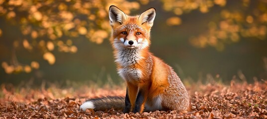 Fototapeta premium Majestic Red Fox Portrait Captivating Gaze Surrounded by Vibrant Autumn Leaves in Woodland Scene