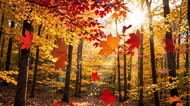 Colorful autumn leaves falling gently from branches in a vibrant forest with sunlight filtering through trees, creating a warm, golden atmosphere