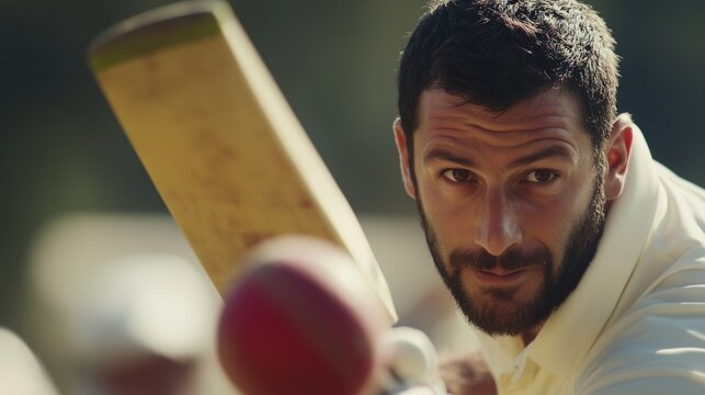 Cricket Player Portrait of a Focused and Determined Batsman with a Beard Holding a Wooden Bat and Looking Intensely During a Competitive Sports Game