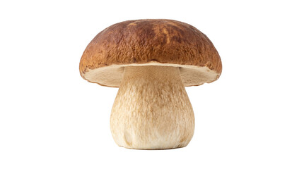 A single, perfectly fresh Porcini mushroom stands tall, showcasing its plump, textured brown cap and a robust, pale stem