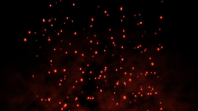 Realistic orange Fire sparks rising up ember particle on dark background. 4k animation background suitable for visual effects, overlays, gaming, and dramatic or atmospheric scenes.