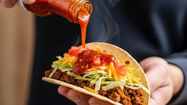 Adding hot sauce to a delicious taco with ground meat, cheese, lettuce, and tomatoes.